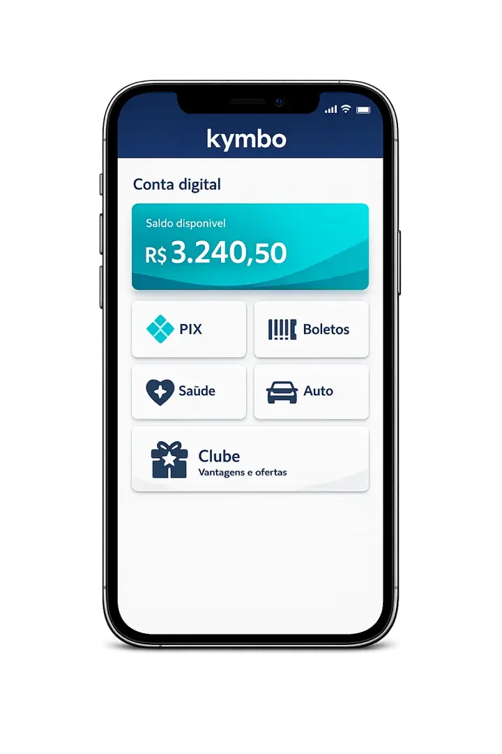 Mockup demonstrativo do aplicativo Kymbo em um iPhone