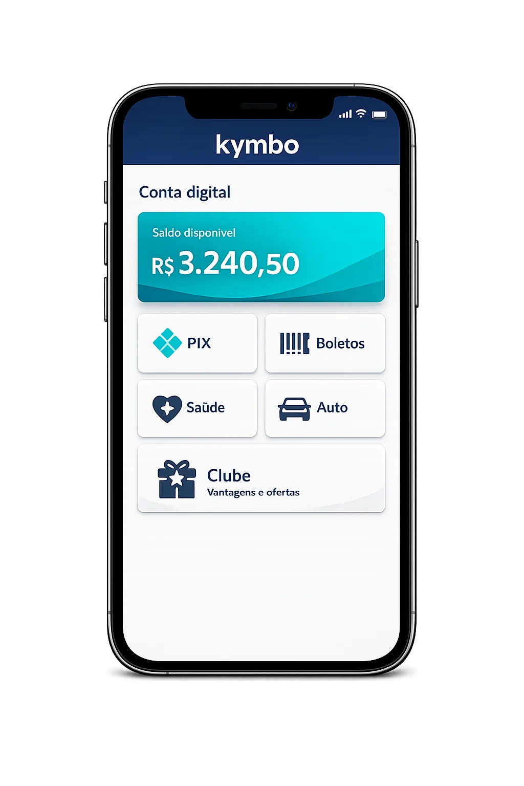 Mockup demonstrativo do aplicativo Kymbo em um iPhone